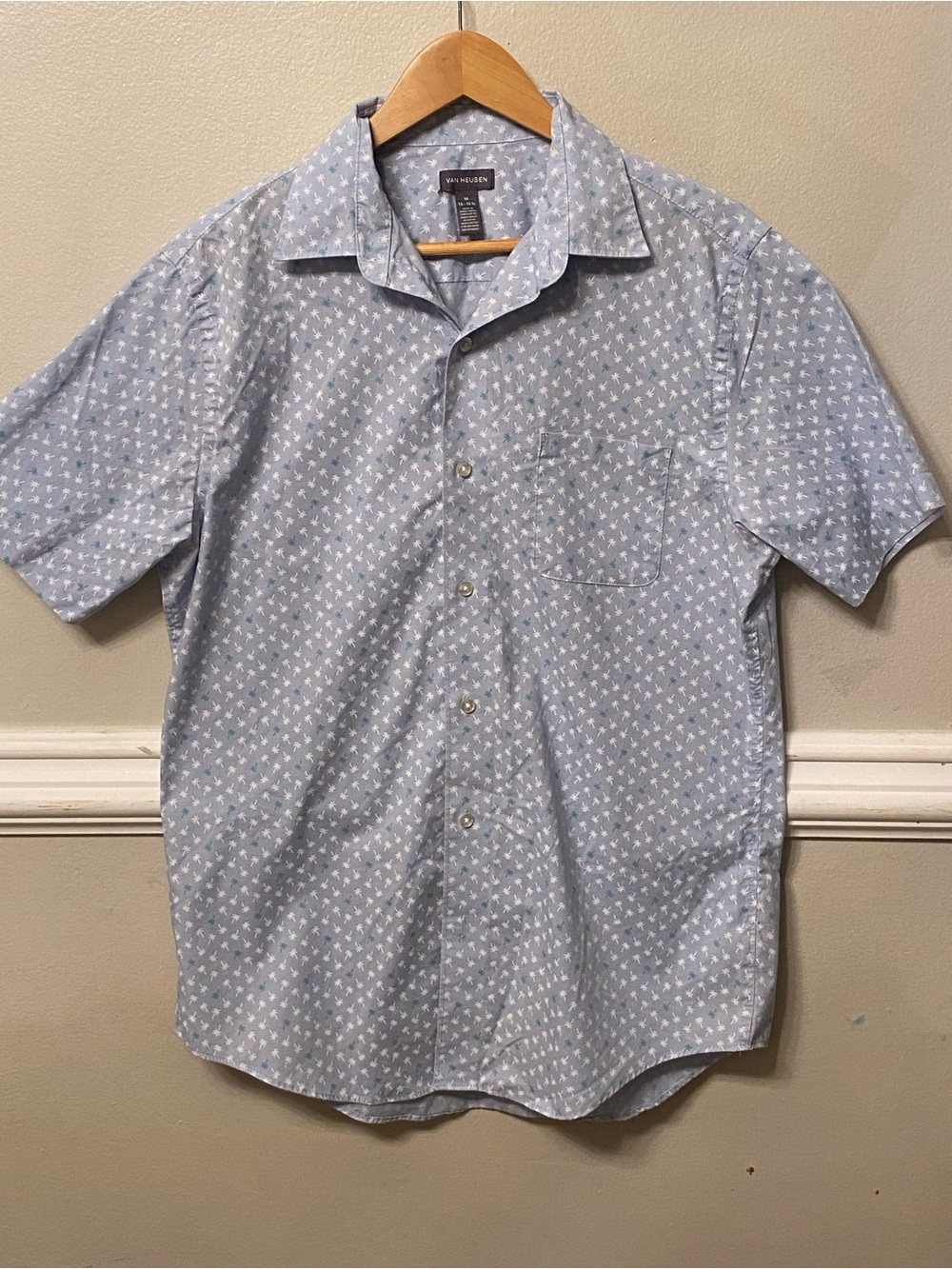 Van Heusen Light Blue Short Sleeve Button-Down with White Micro Print